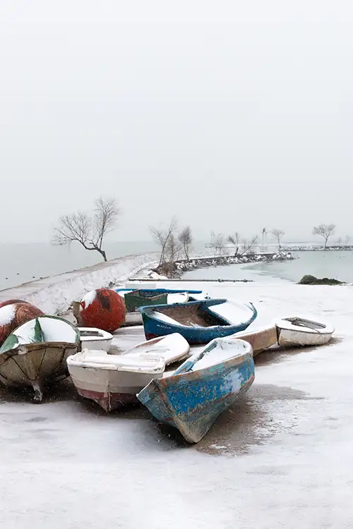 snowy shoreline frozen lakefront & winter boats collection (10)