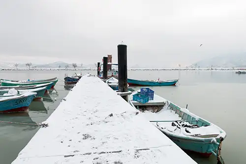 snowy shoreline frozen lakefront & winter boats collection (103)