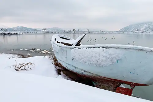 snowy shoreline frozen lakefront & winter boats collection (111)