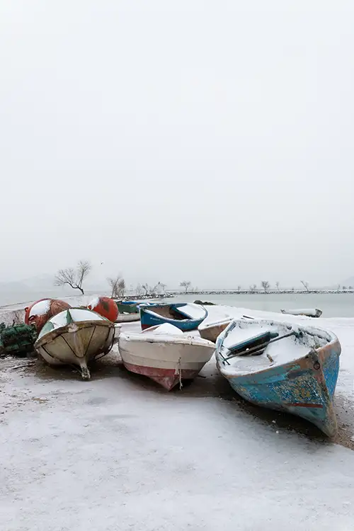 snowy shoreline frozen lakefront & winter boats collection (12)