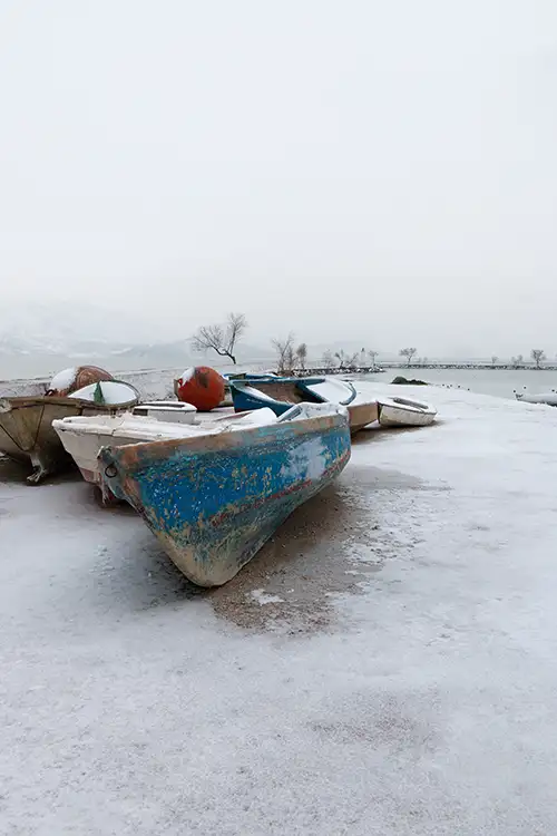 snowy shoreline frozen lakefront & winter boats collection (13)