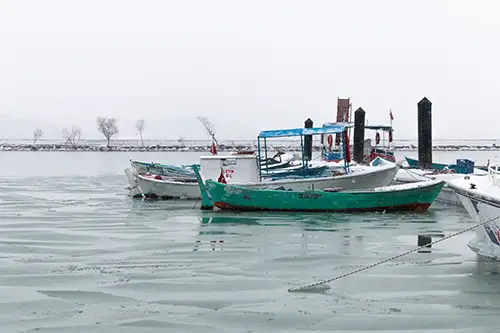 snowy shoreline frozen lakefront & winter boats collection (141)