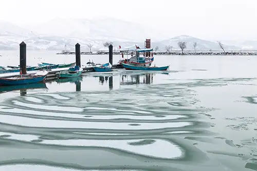 snowy shoreline frozen lakefront & winter boats collection (157)