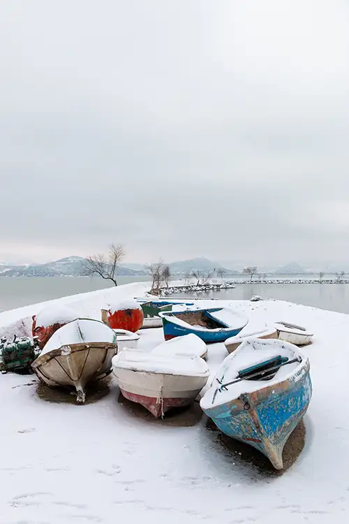 snowy shoreline frozen lakefront & winter boats collection (18)