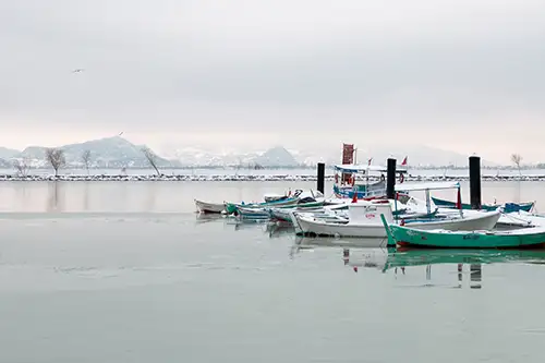 snowy shoreline frozen lakefront & winter boats collection (181)