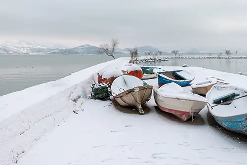 snowy shoreline frozen lakefront & winter boats collection (19)
