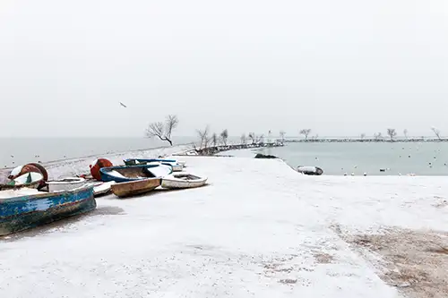 snowy shoreline frozen lakefront & winter boats collection (27)