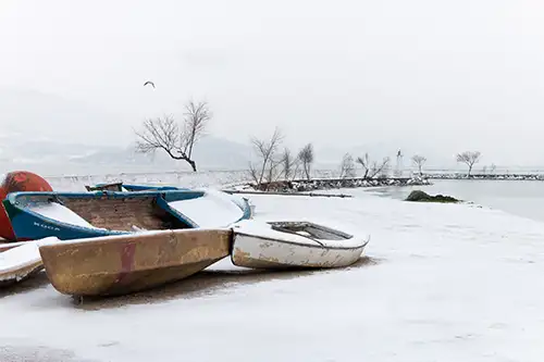 snowy shoreline frozen lakefront & winter boats collection (28)