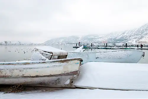snowy shoreline frozen lakefront & winter boats collection (40)