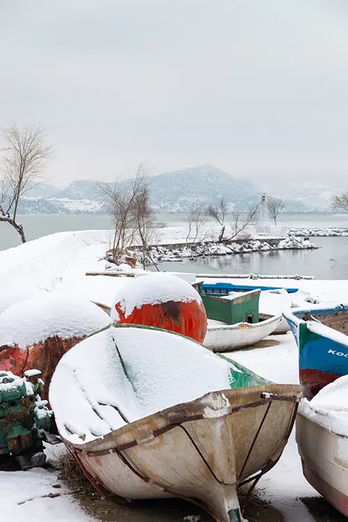 snowy shoreline frozen lakefront & winter boats collection (46)