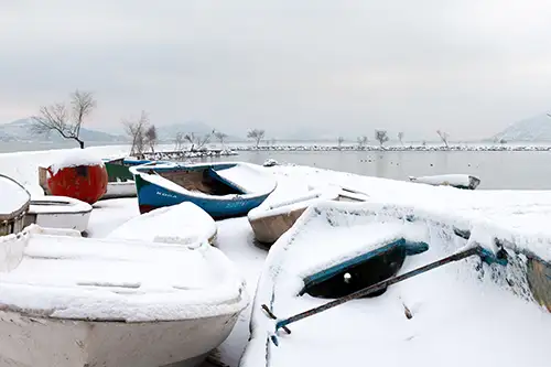 snowy shoreline frozen lakefront & winter boats collection (50)