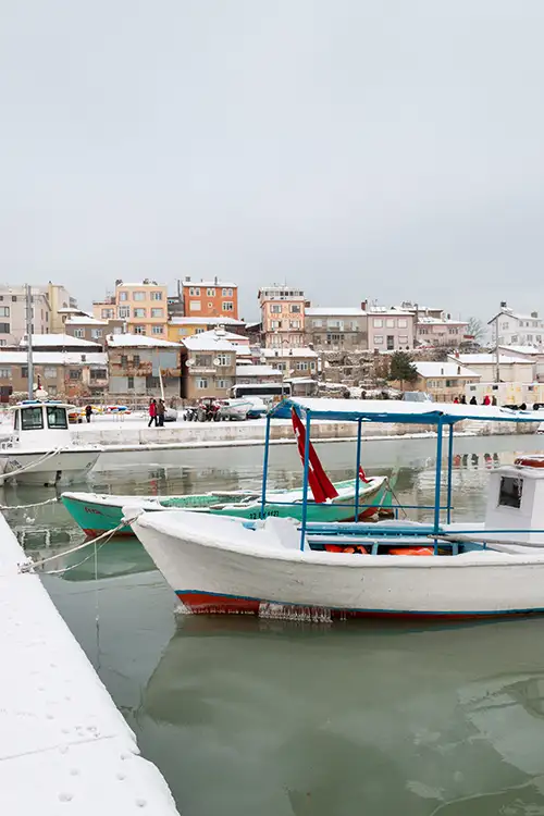 snowy shoreline frozen lakefront & winter boats collection (90)