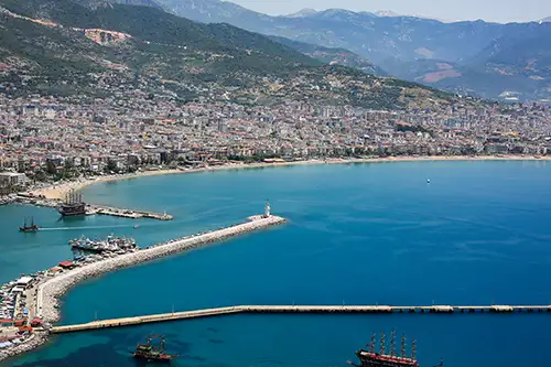 view of alanya's red tower and the coastline from above. (5)
