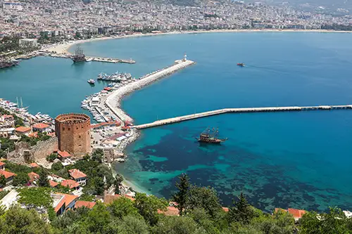view of alanya's red tower and the coastline from above. (72)